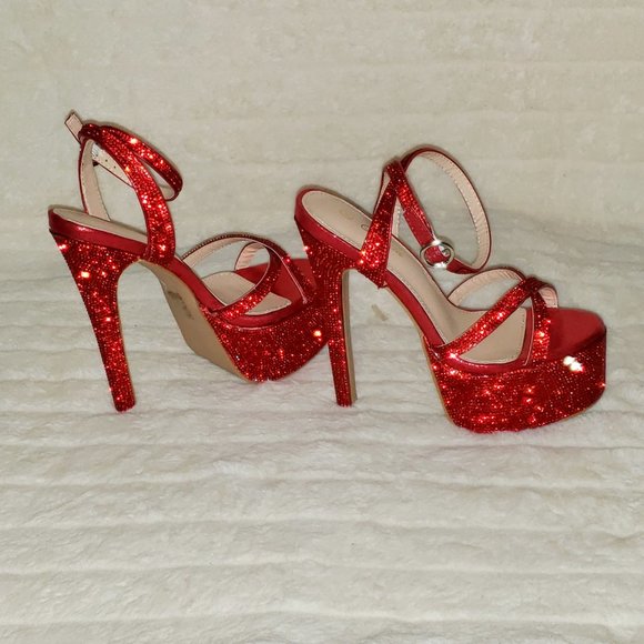 Bejeweled Pandora Bright Red Sparkling Rhinestone Platform 6.5" Heels Shoes - Picture 6 of 17